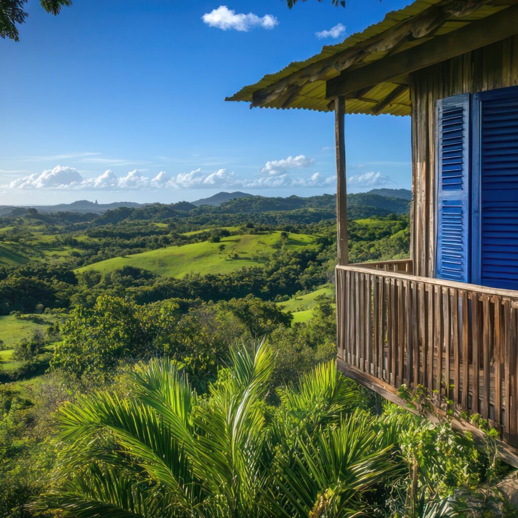 house with blue door is overlooking jungle